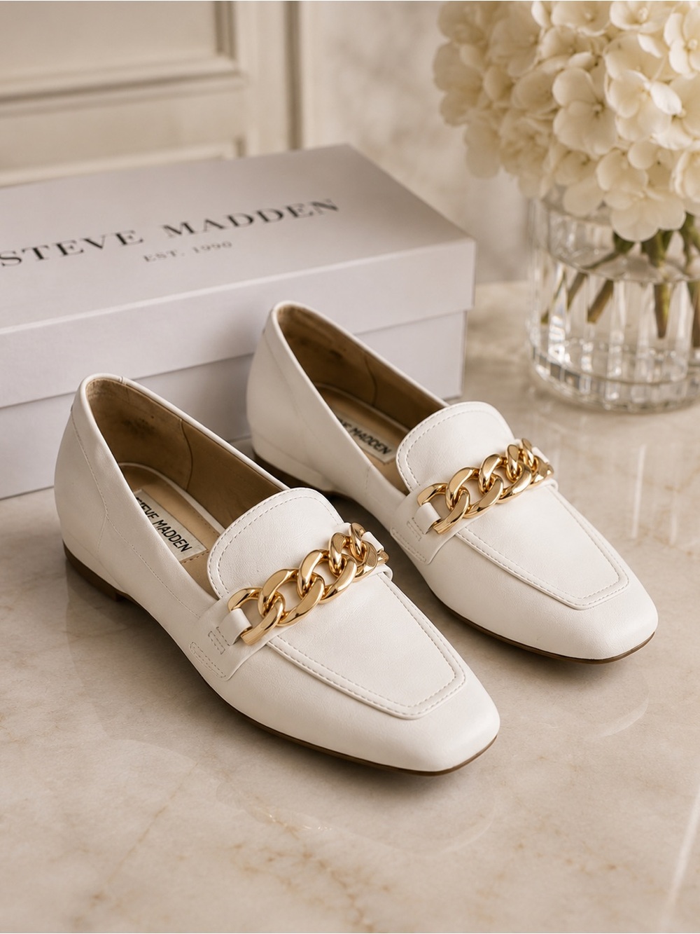 Steve Madden Cream Leather Loafers with Gold Chain Accent